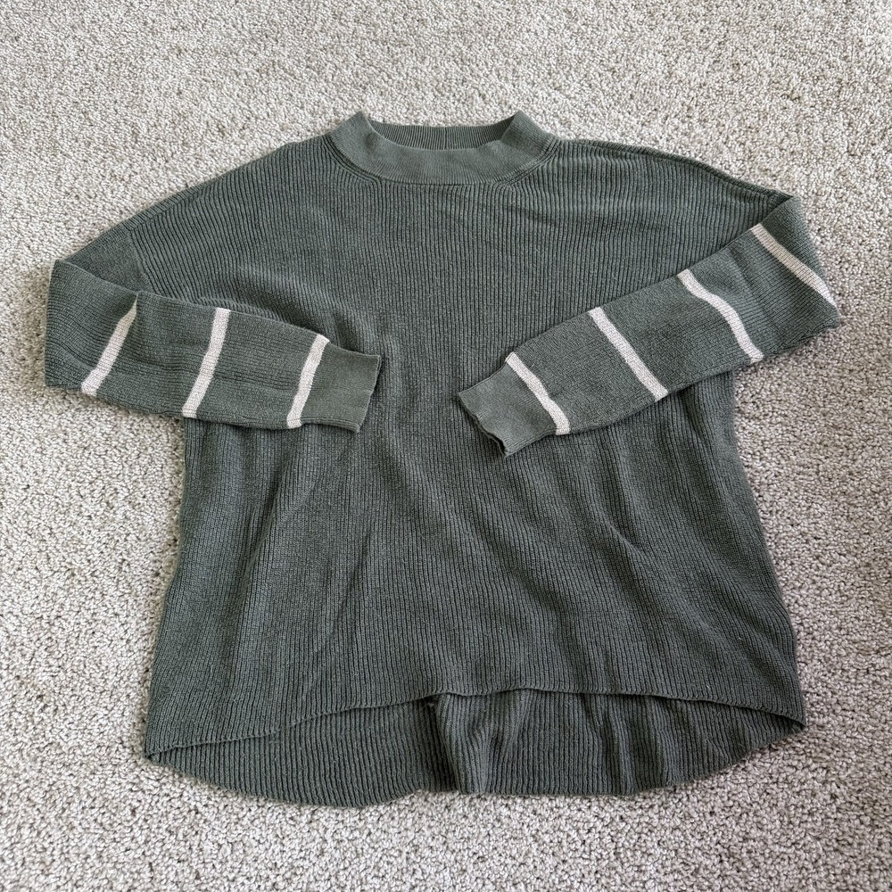 American Eagle Sweater Womens S Green Tunic Mock Neck Striped Knit Long Sleeve